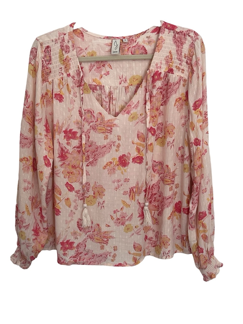 Joie Women’s Pink FloralLong Sleeve Lightweight V-Neck‎ Peasant Blouse Sz M